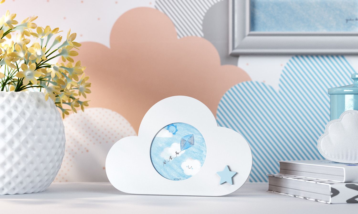 Porta Retrato MDF Nuvem com Estrelinha 7cm