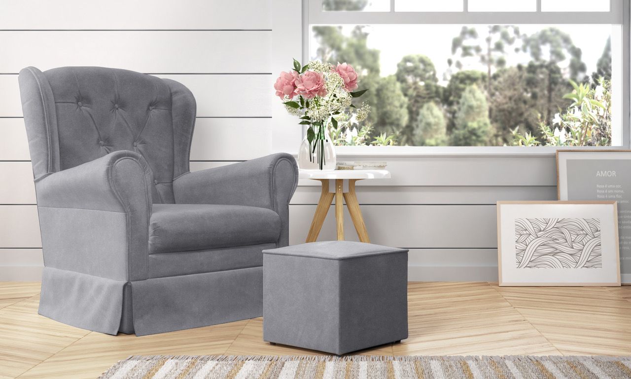 Poltrona Amamentação Balanço com Puff Provençal Cinza