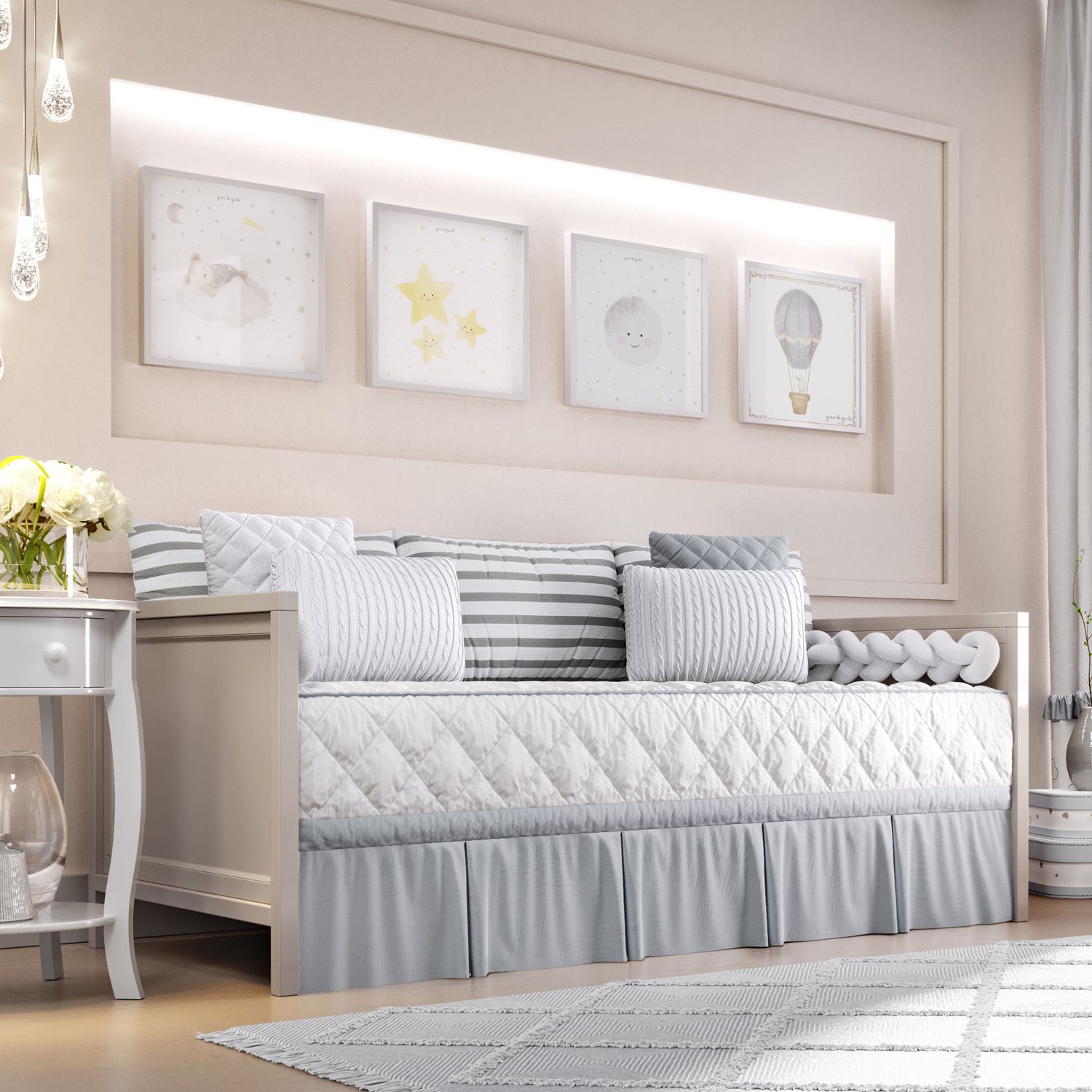 Kit Cama Babá Tricot Trança Branco e Cinza