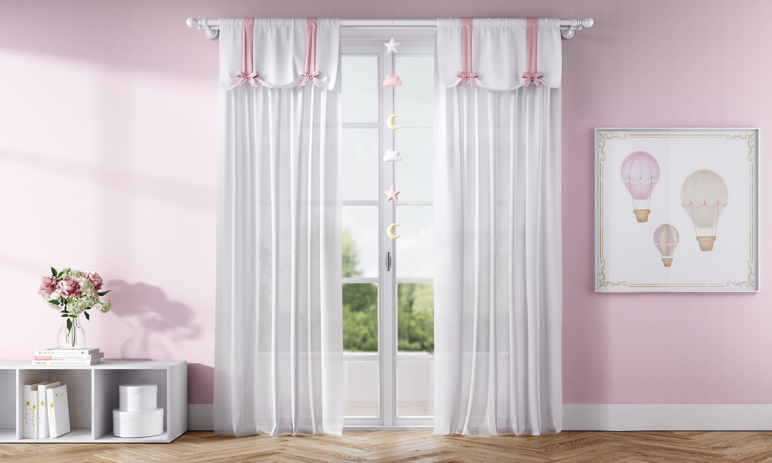 Cortina Branco/Rosa com Laços Poá