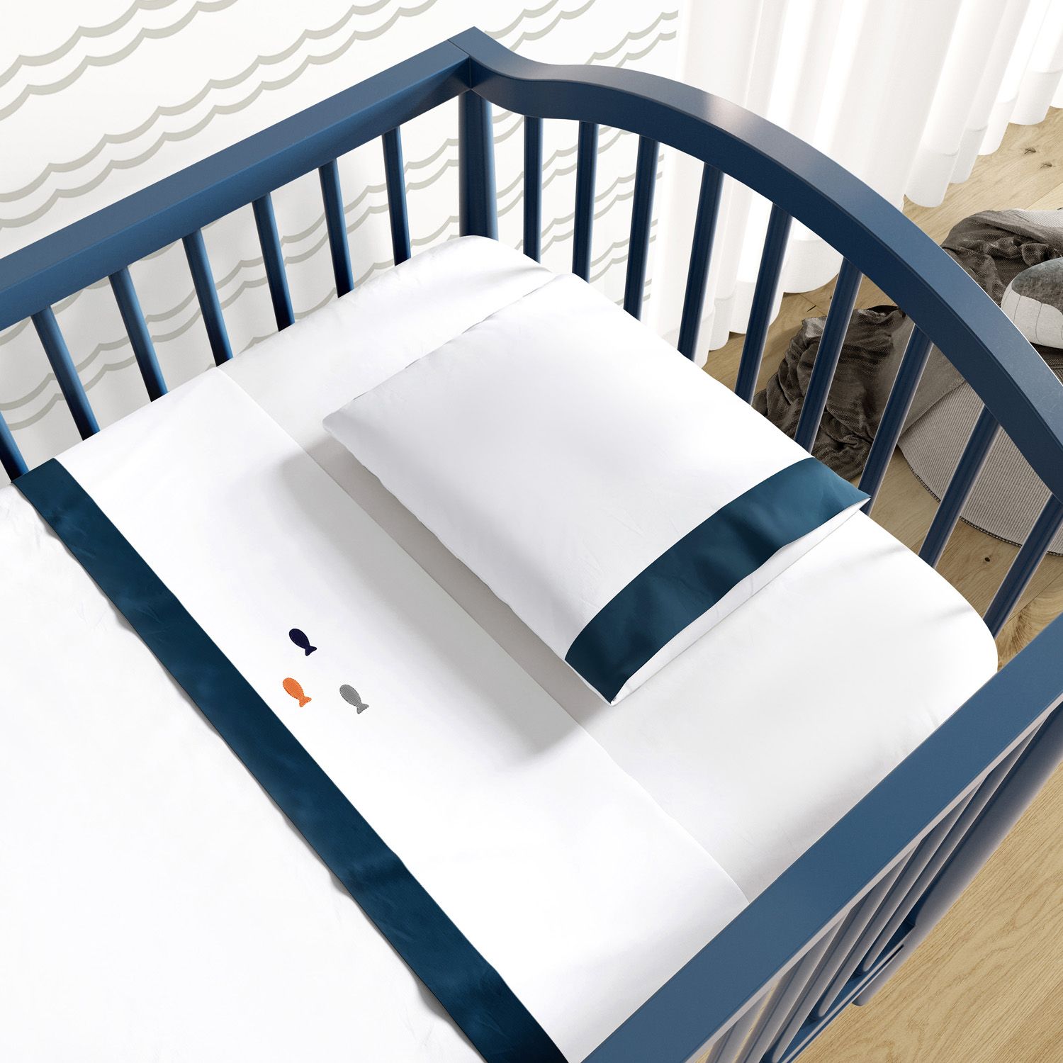 Jogo de Lençol Berço Bordado Peixinhos 3 peças