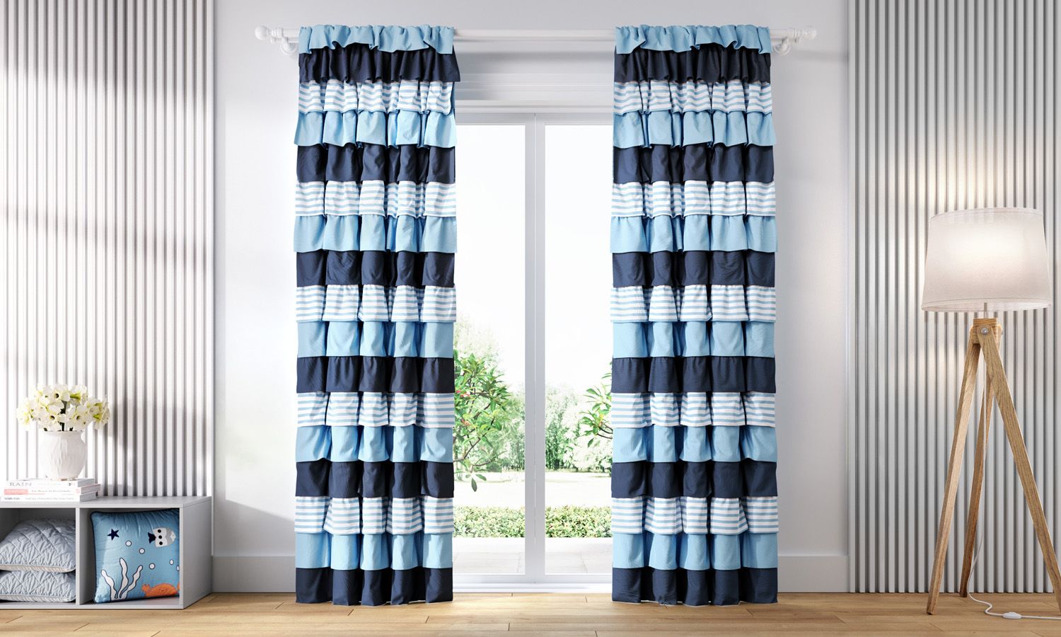 Cortina Babados Listrada Azul