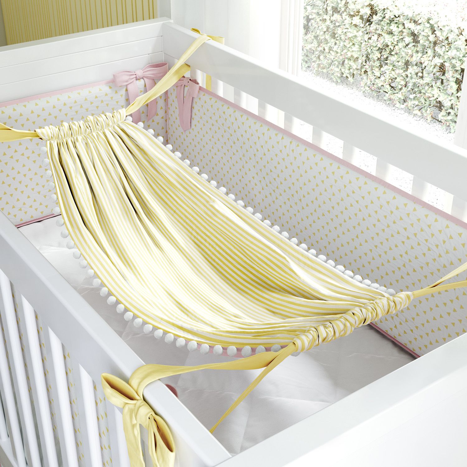 Rede para Berço Dupla Face Listrada Amarela/Rosa