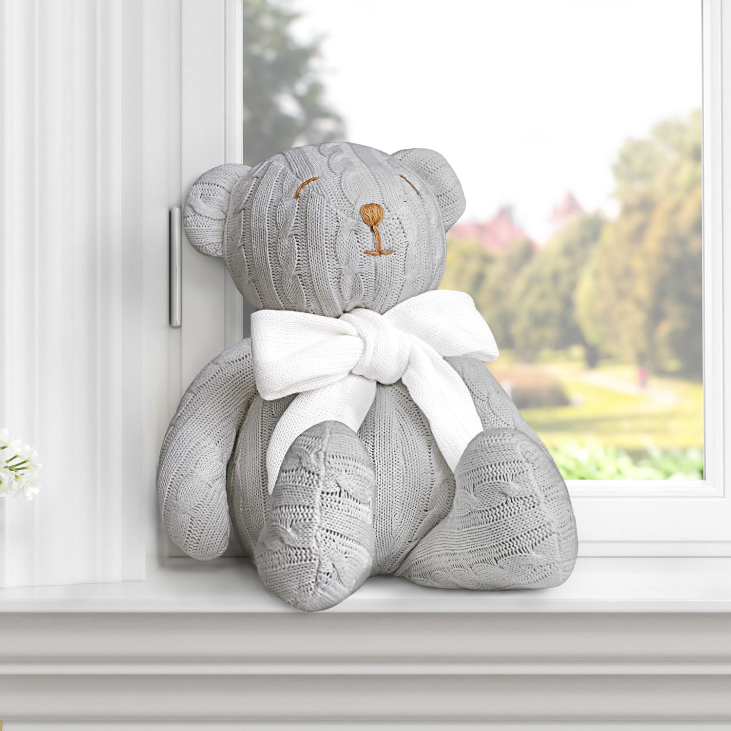 Urso Cinza Tricot com Laço Branco 42cm