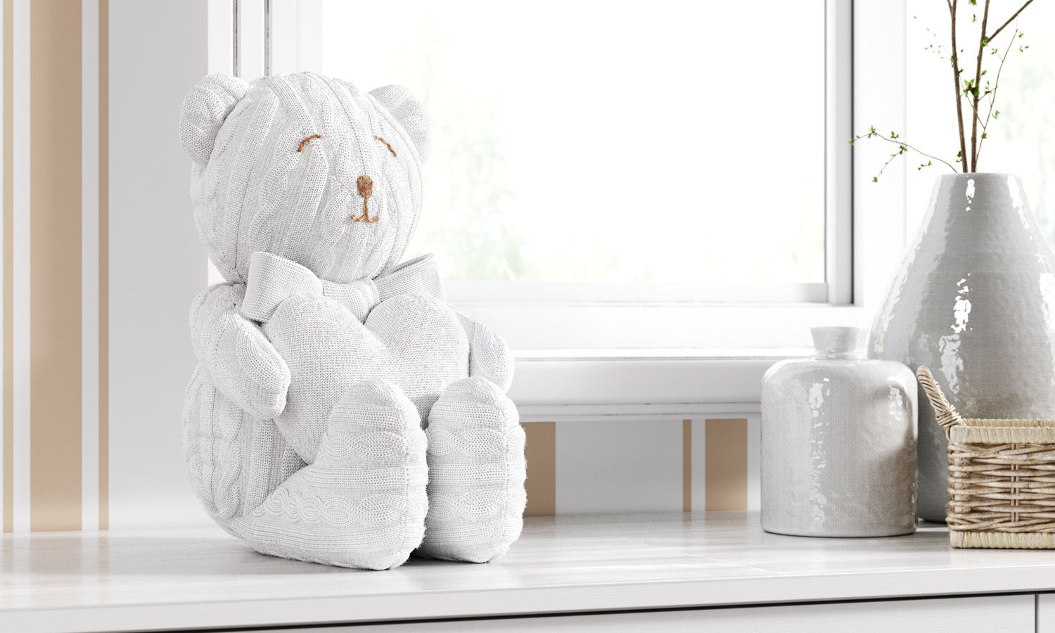 Urso Branco Tricot com Coração Branco 42cm