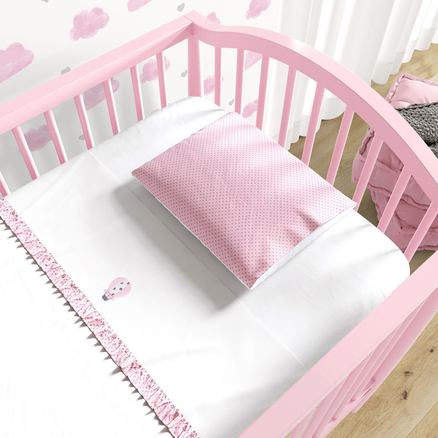 Jogo de Lençol Berço Bordado Balão com Babado Poá 3 peças