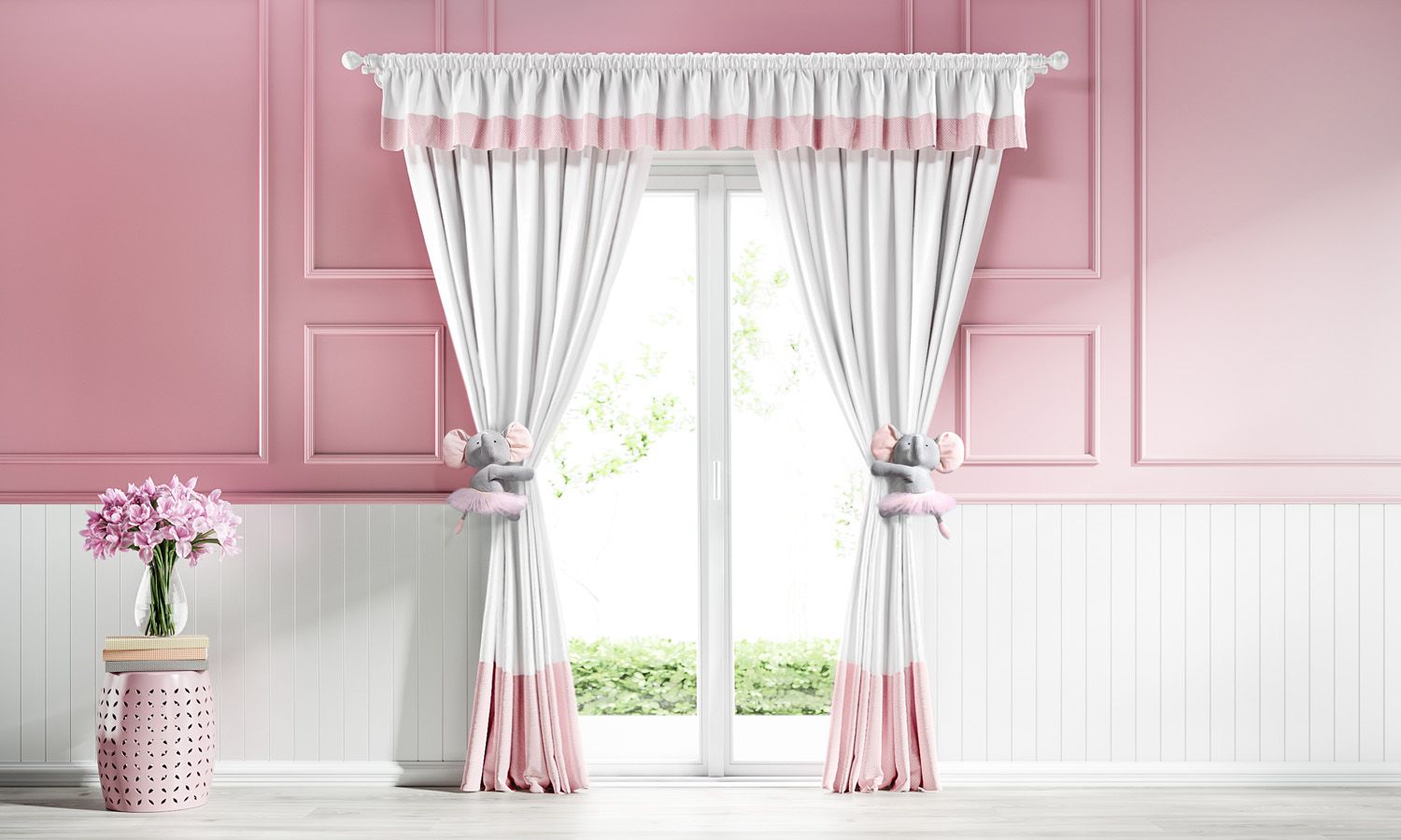 Cortina Branca com Bando e Barrado Rosa Poá