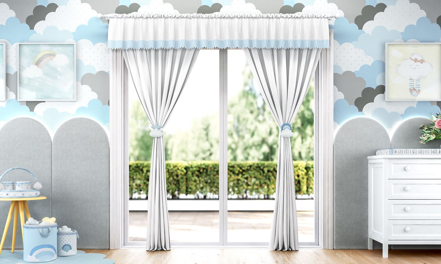 Cortina Listrada com Pompons Azul/Branco