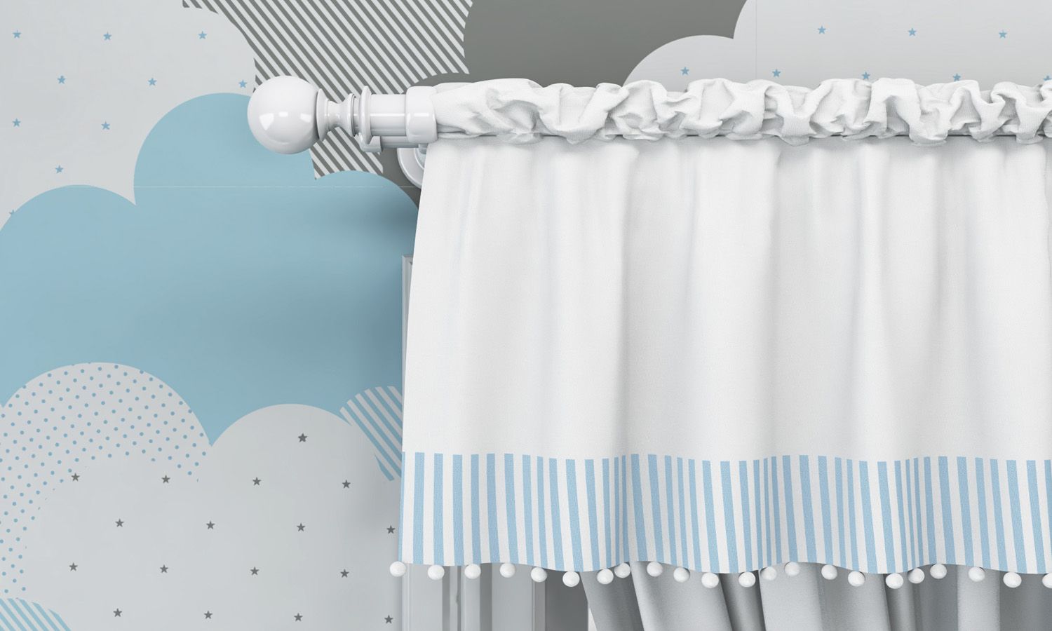 Cortina Listrada com Pompons Azul/Branco