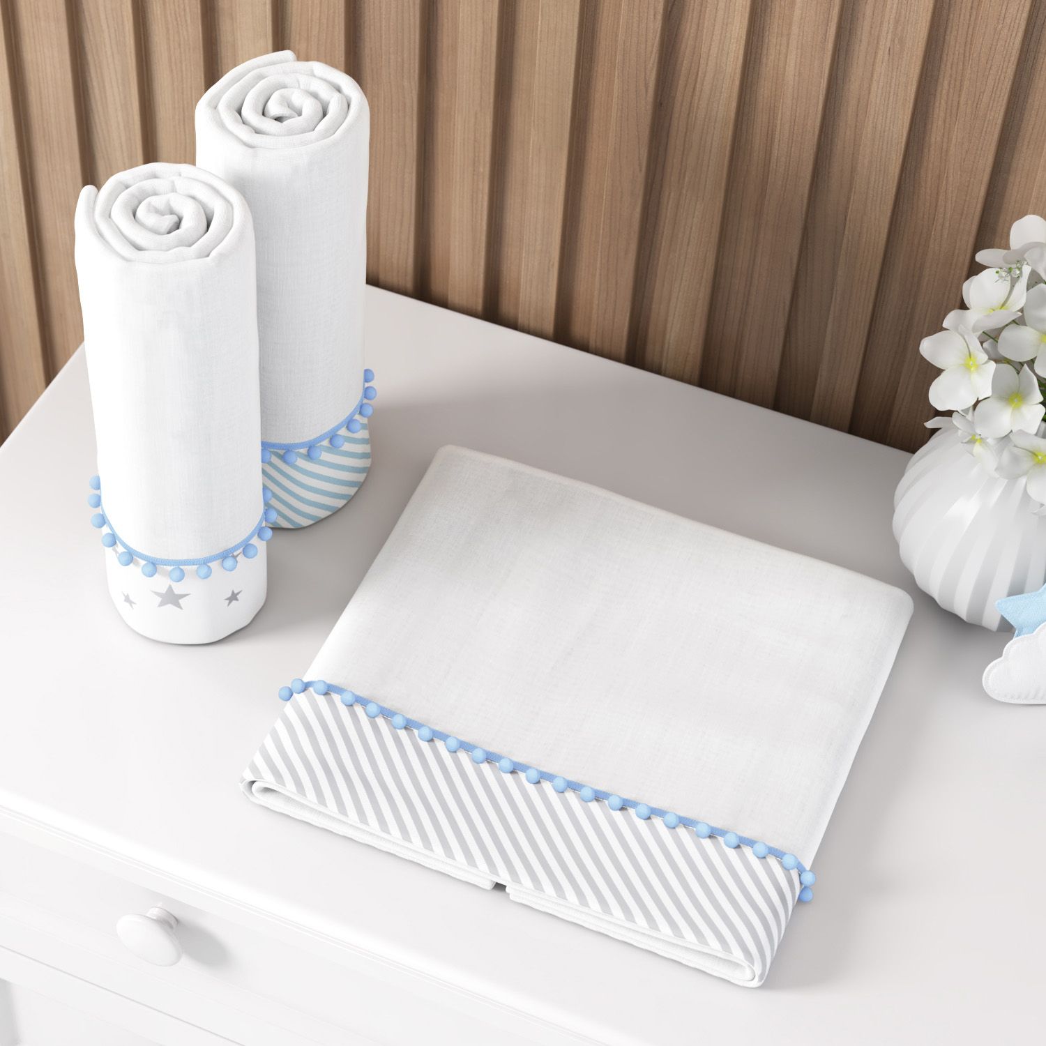 Jogo de Fraldas de Ombro Barra Listras e Estrelinhas com Pompom