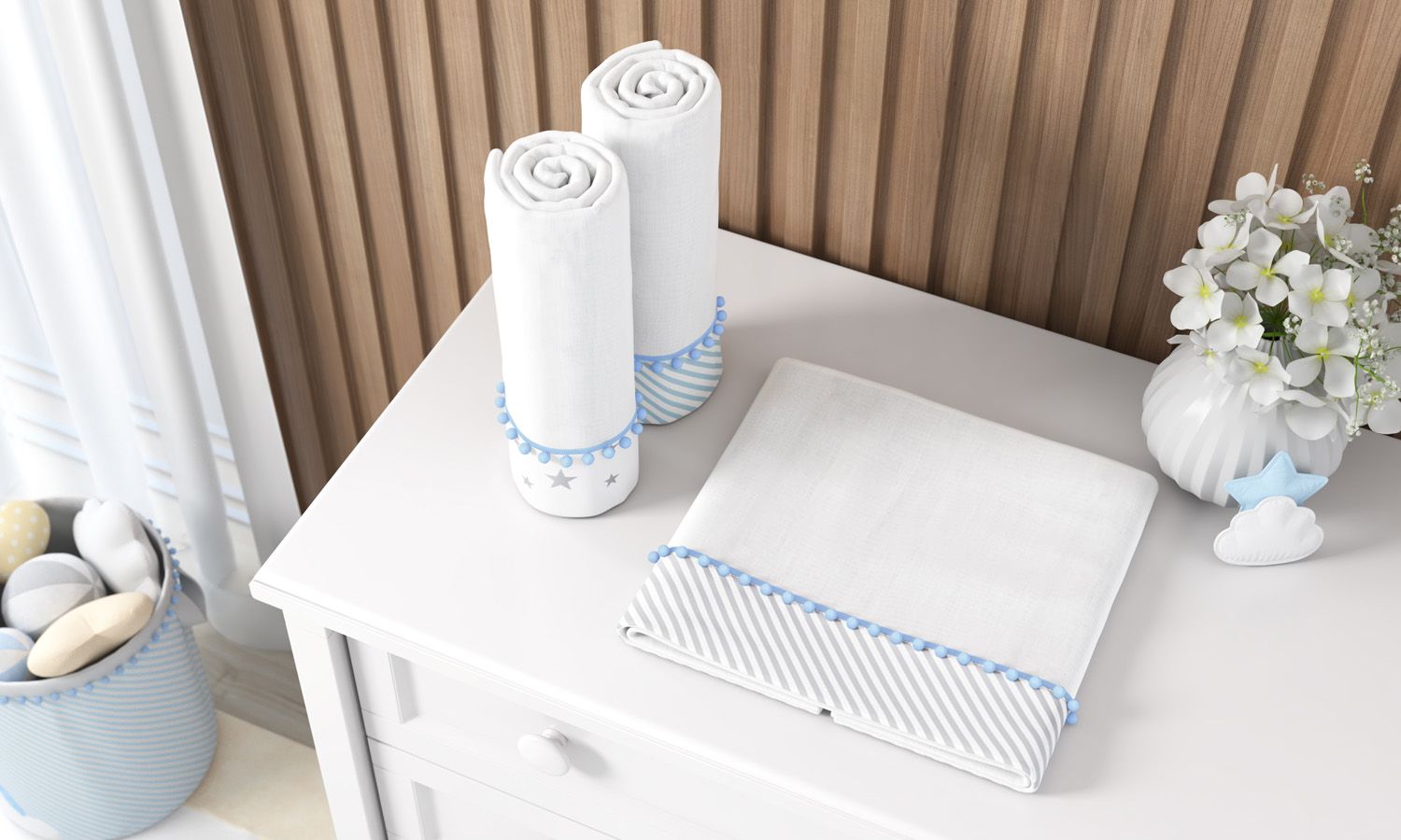 Jogo de Fraldas de Ombro Barra Listras e Estrelinhas com Pompom