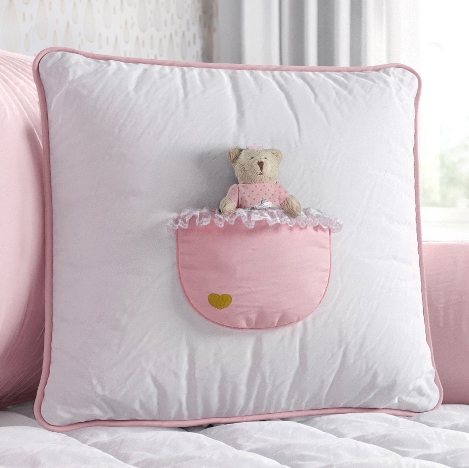 Almofada com Bolso Branco e Rosa 38cm