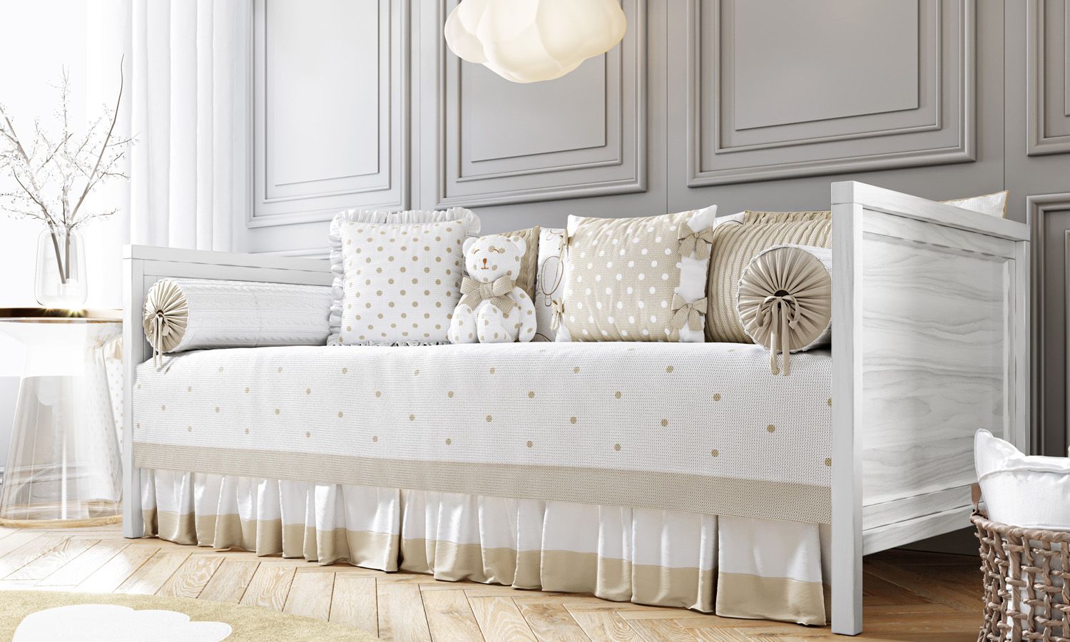 Kit Cama Babá Tricot Poá Balão Bege