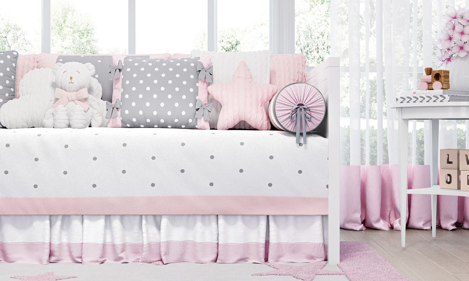 Kit Cama Babá Tricot Poá Rosa