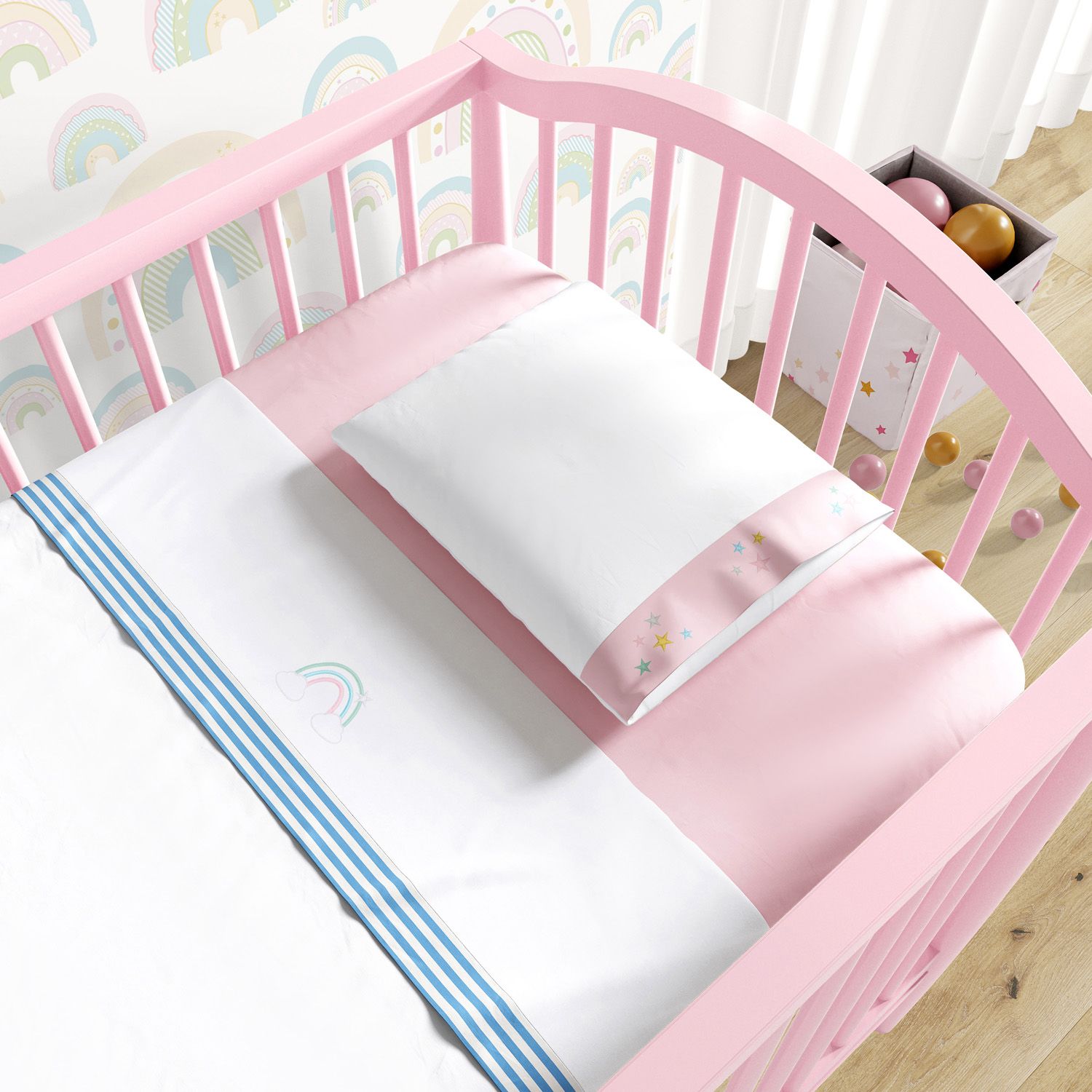 Jogo de Lençol Berço Bordado Arco-íris 3 peças