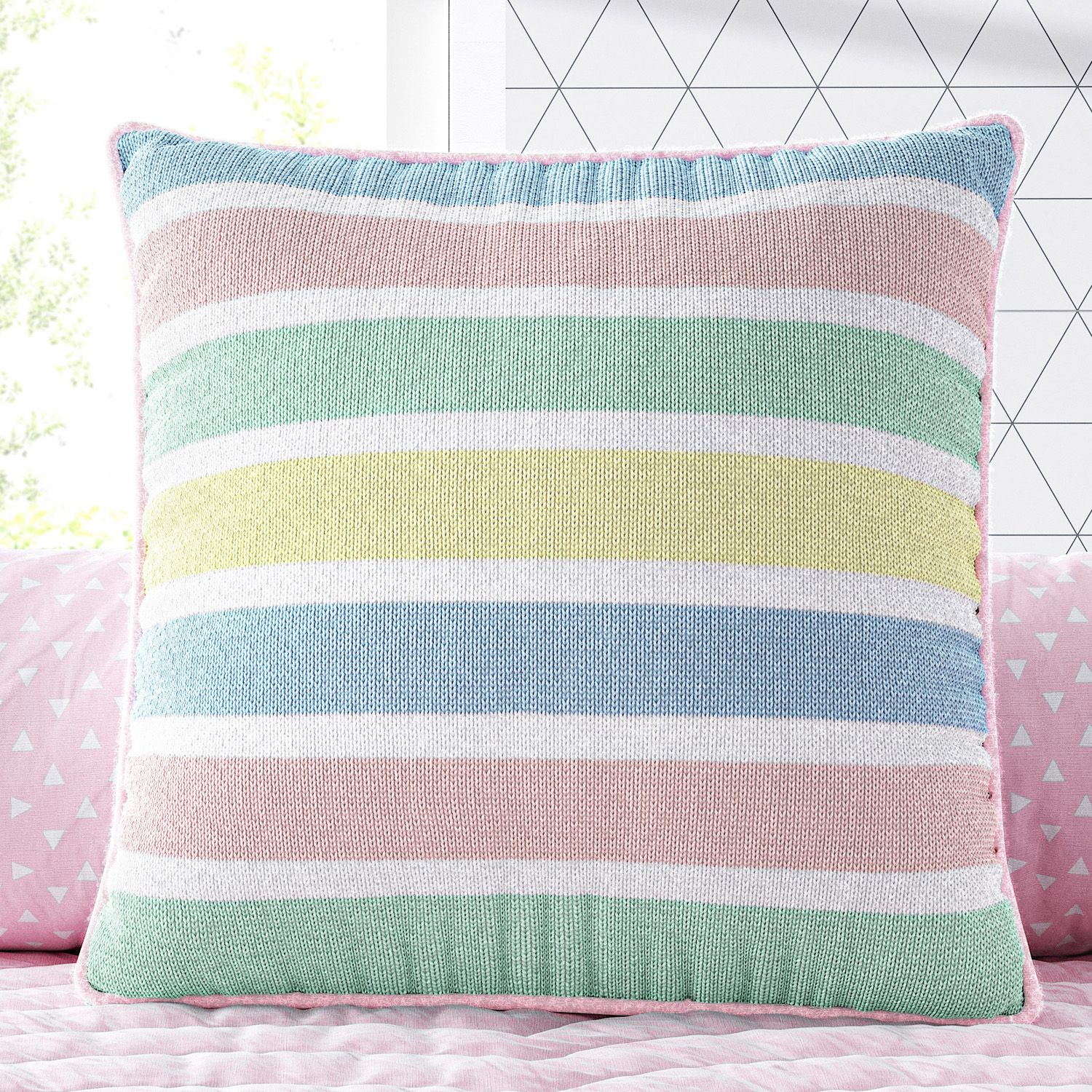Almofada Quadrada Tricot Listras Arco-íris 38cm