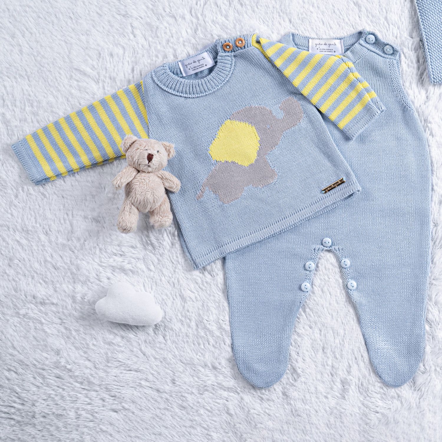 Saída Maternidade Tricot Elefantinho Azul/Amarelo 3 Peças