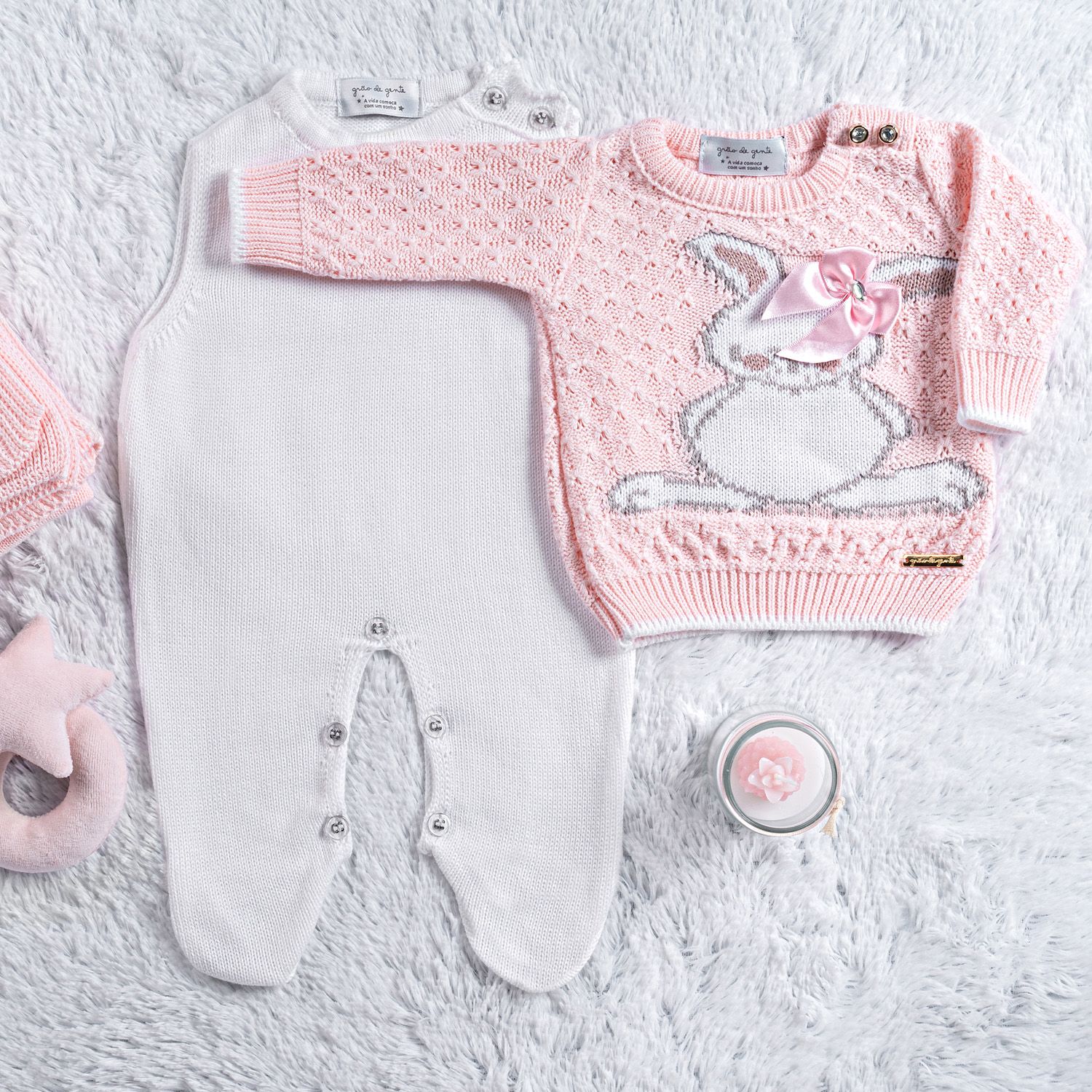 Saída Maternidade Tricot Casaquinho Coelhinha Rosa 03 Peças