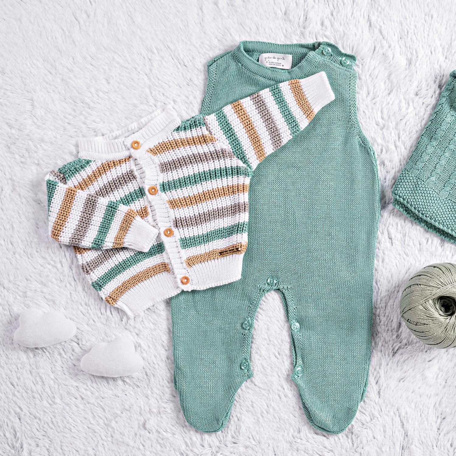 Saída Maternidade Tricot Listra Verde/Bege 3 Peças