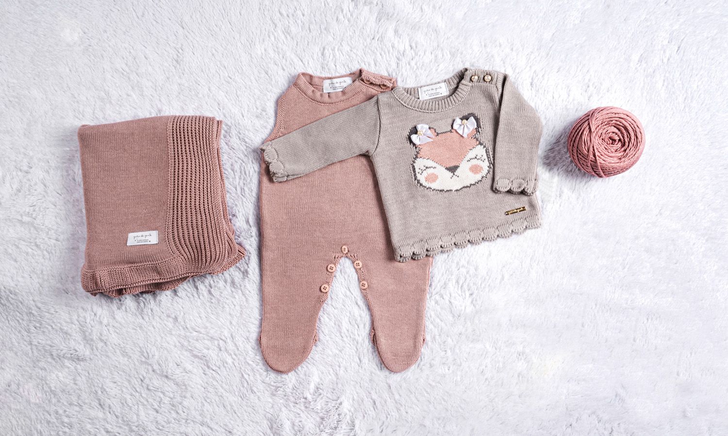 Saída Maternidade Tricot Casaquinho Raposinha Cinza/Nude Rosé 03 Peças