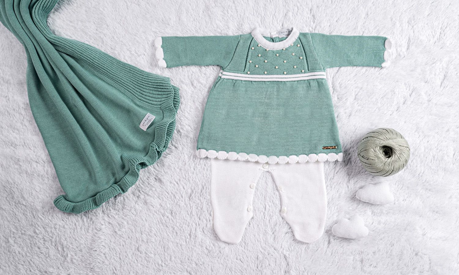 Saída Maternidade Tricot Vestido com Pérolas Verde 03 Peças
