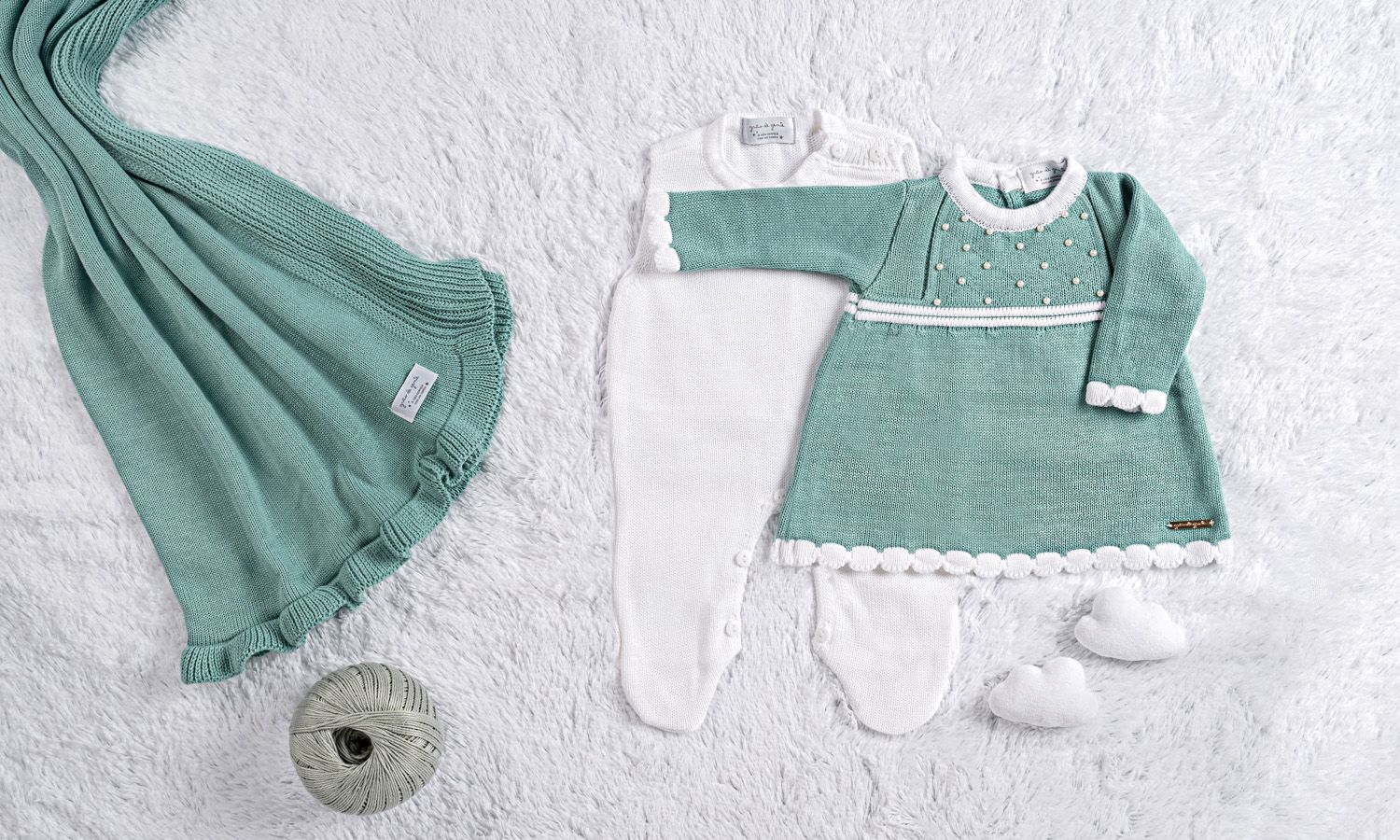 Saída Maternidade Tricot Vestido com Pérolas Verde 03 Peças