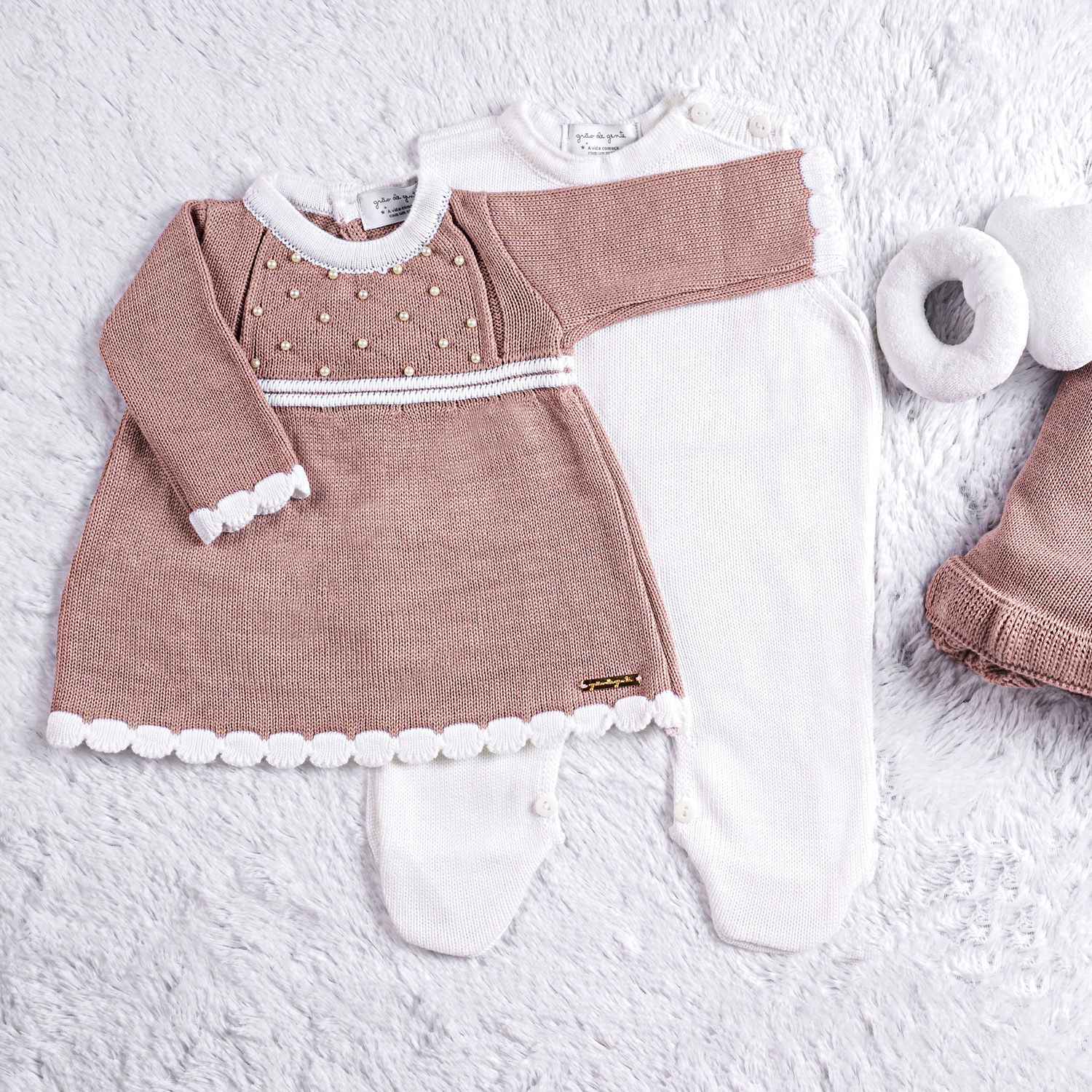 Saída Maternidade Tricot Vestido com Pérolas Verde 03 Peças