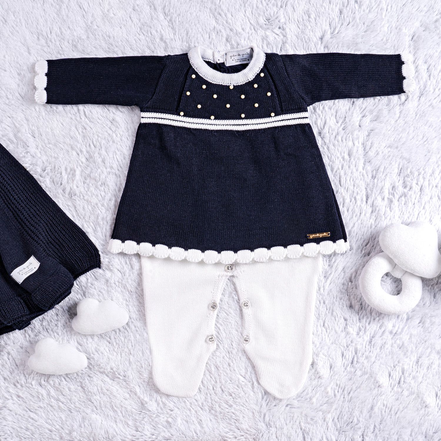 Saída Maternidade Tricot Vestido com Pérolas Verde 03 Peças