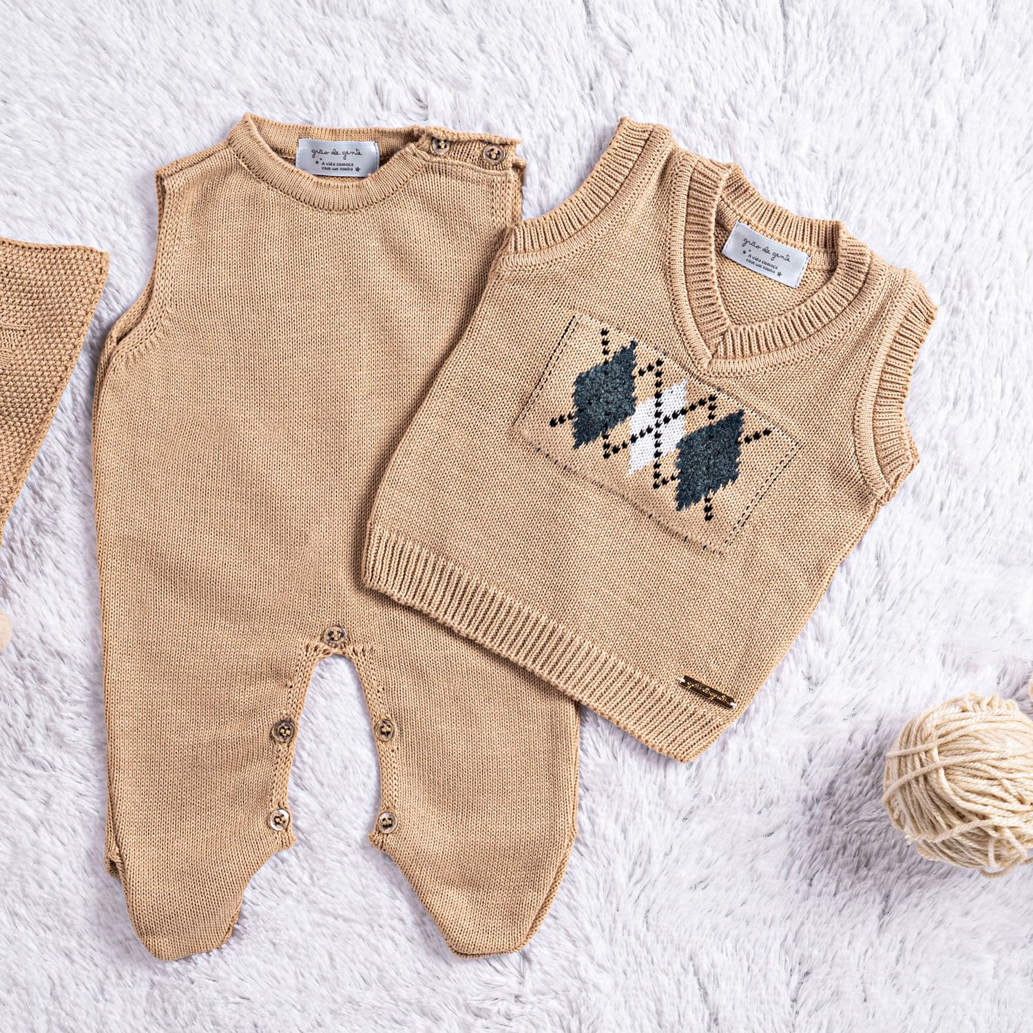 Saída Maternidade Tricot Argyle Avelã 03 Peças