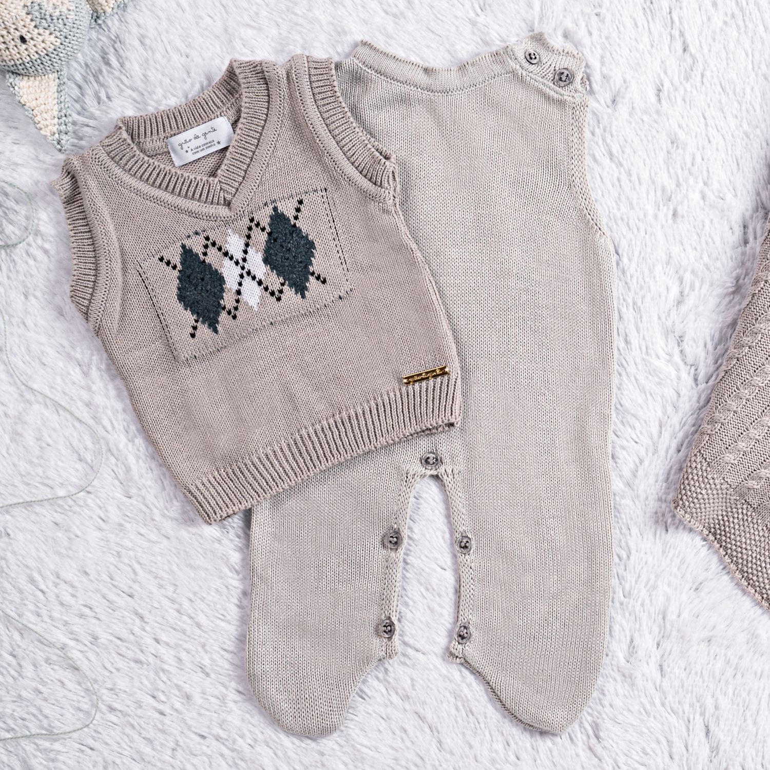 Saída Maternidade Tricot Argyle Avelã 03 Peças