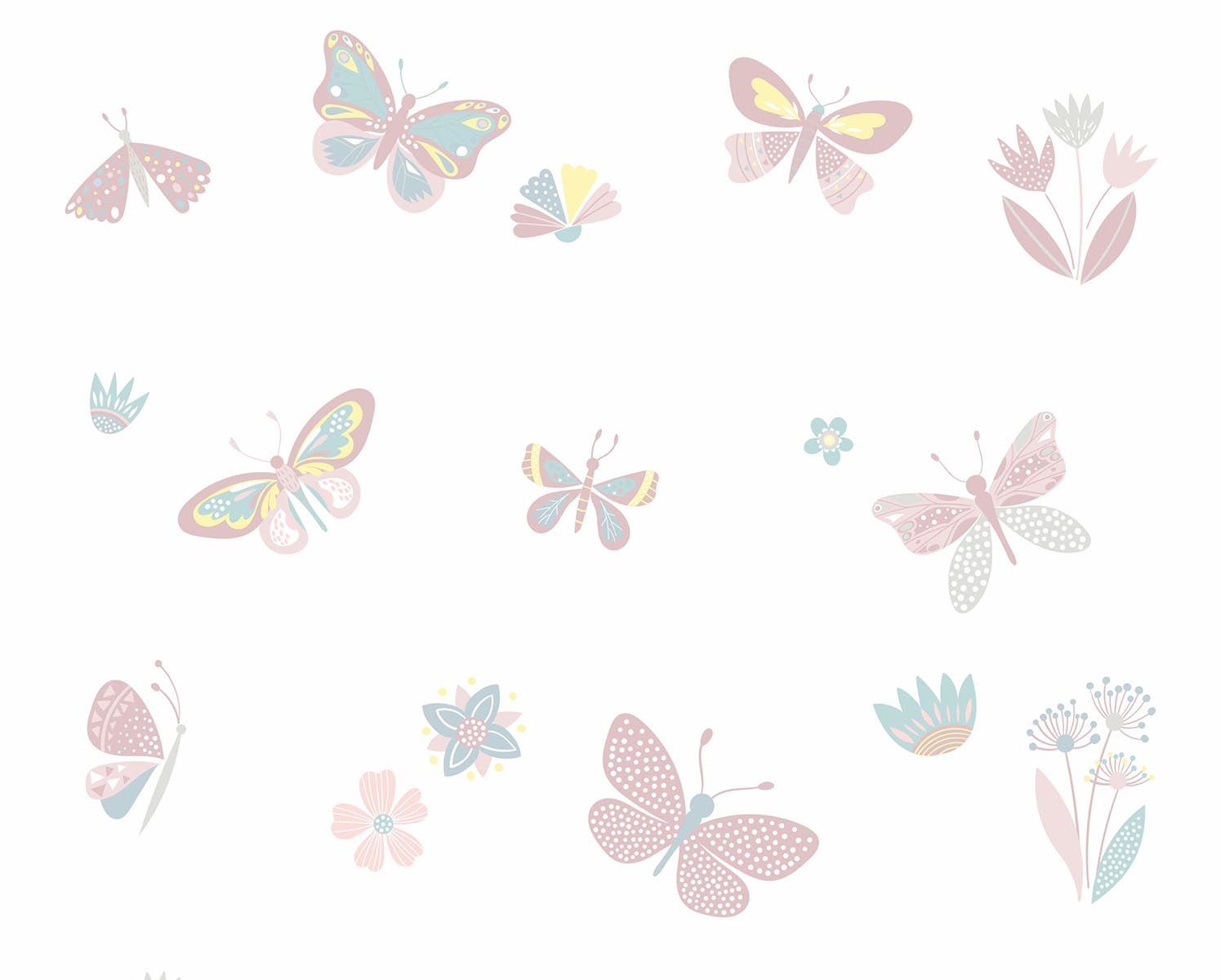 Papel de Parede Borboletas Rosa Antigo e Tons Pastéis