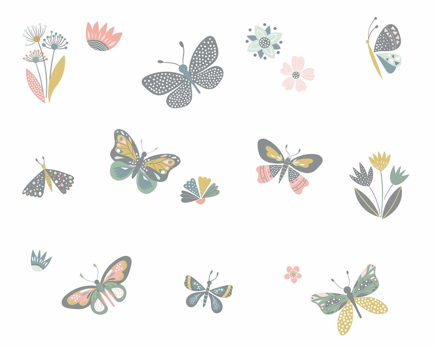 Papel de Parede Borboletas Rosa Antigo e Tons Pastéis