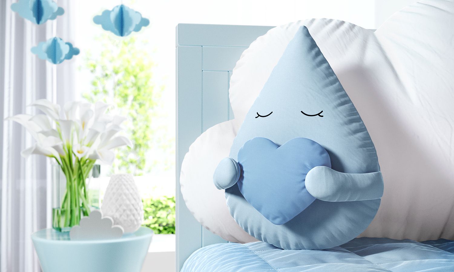 Almofada Gotinha com Coração Azul 30cm