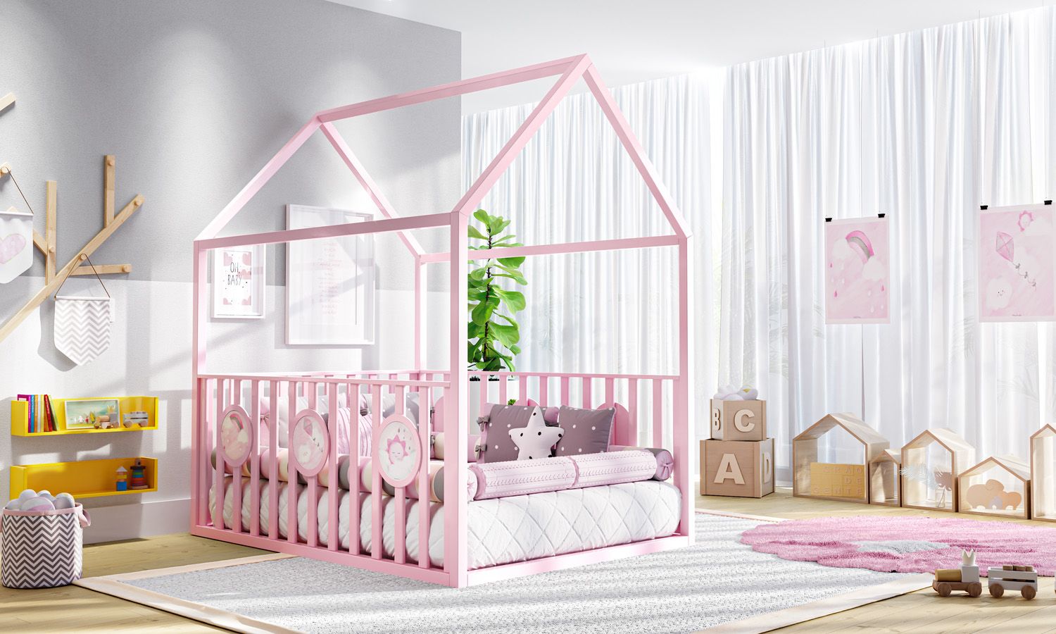 Cama Casinha Montessoriana Padrão Casal com Grade Branco