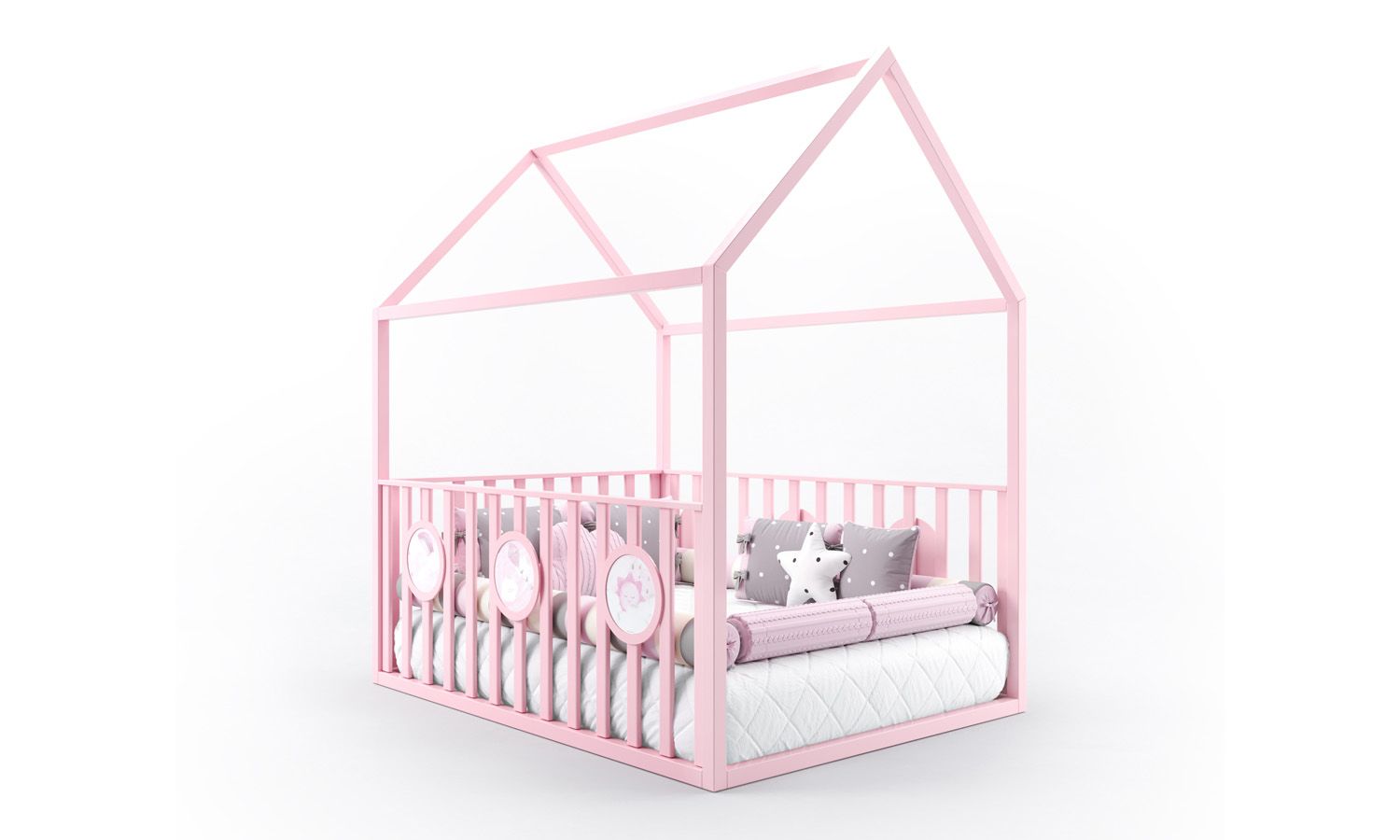 Cama Casinha Montessoriana Padrão Casal com Grade Branco