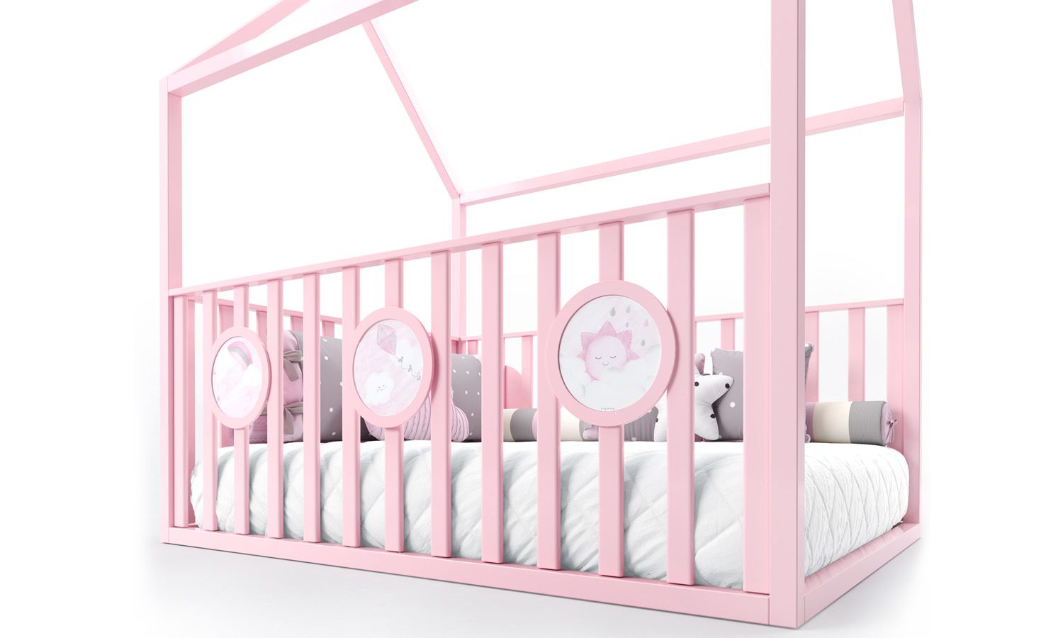 Cama Casinha Montessoriana Padrão Casal com Grade Branco