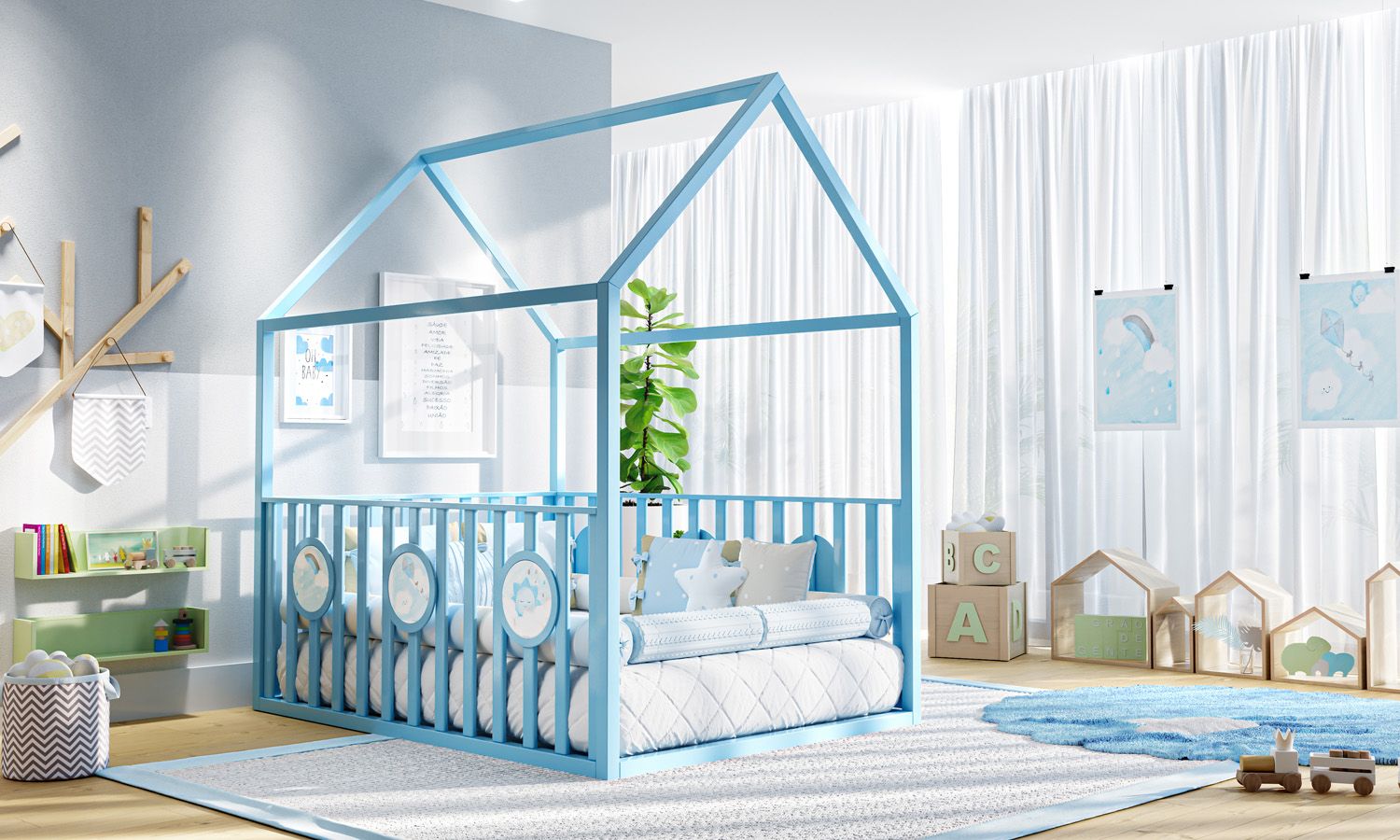 Cama Casinha Montessoriana Padrão Casal com Grade Branco