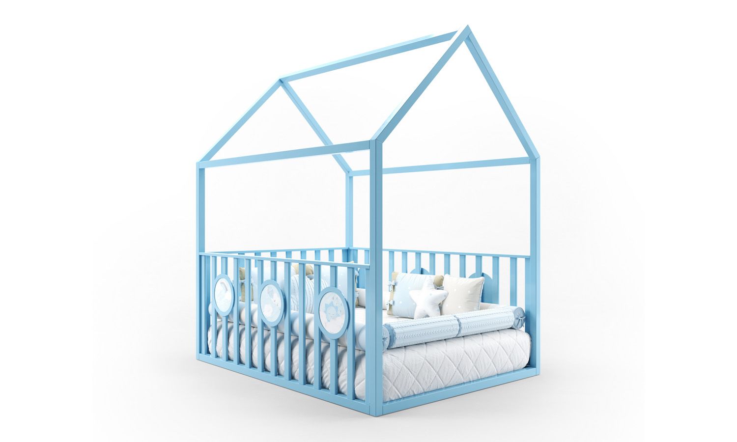 Cama Casinha Montessoriana Padrão Casal com Grade Branco