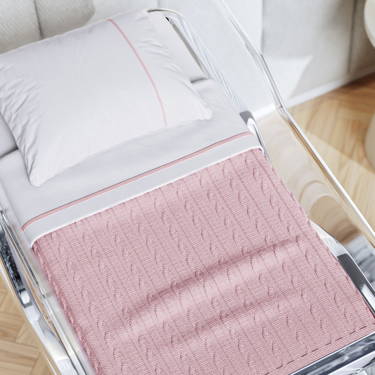 Manta Tricot Trança Berço Maternidade Rosa 85cm