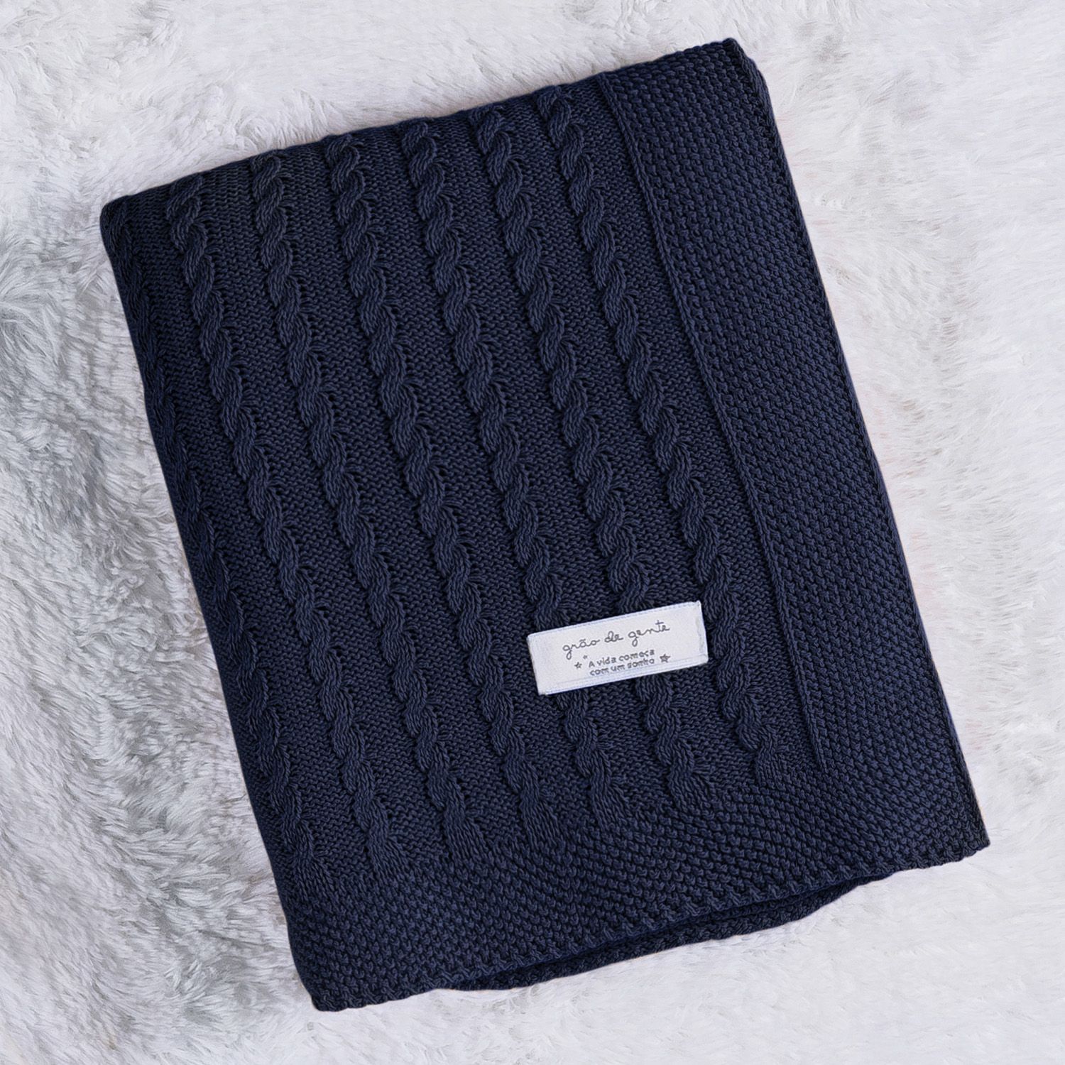 Manta Bebê Tricot Trança Azul Marinho 80cm