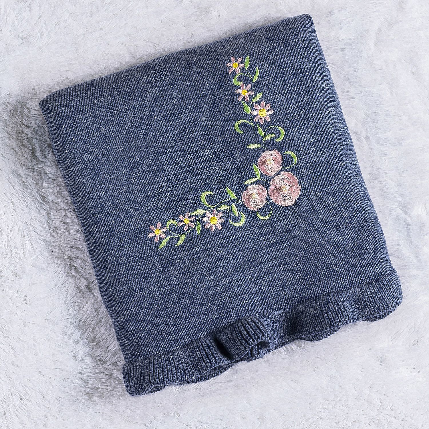 Manta Bebê Tricot Bordada Babado Azul 80cm