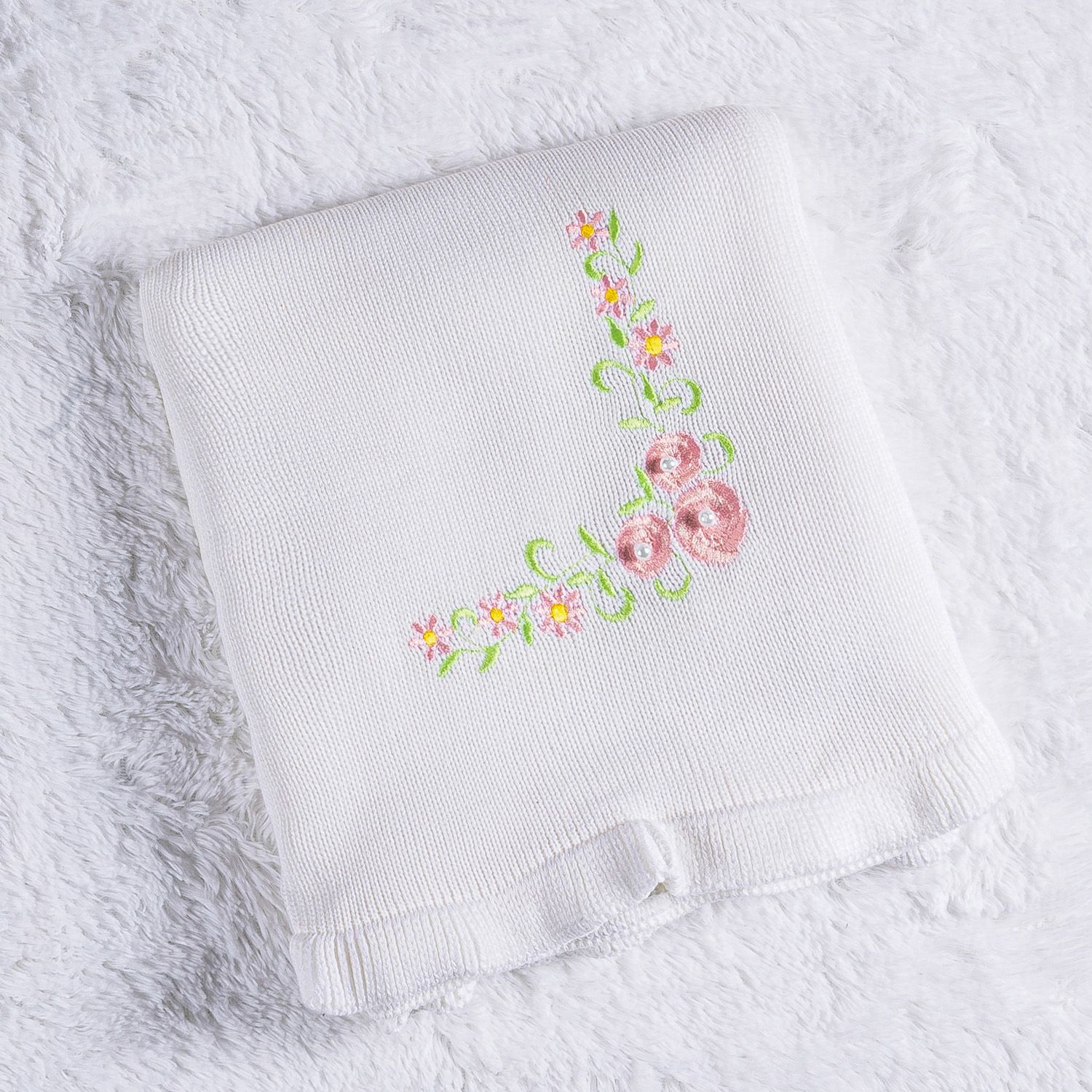 Manta Bebê Tricot Bordada Babado Azul 80cm