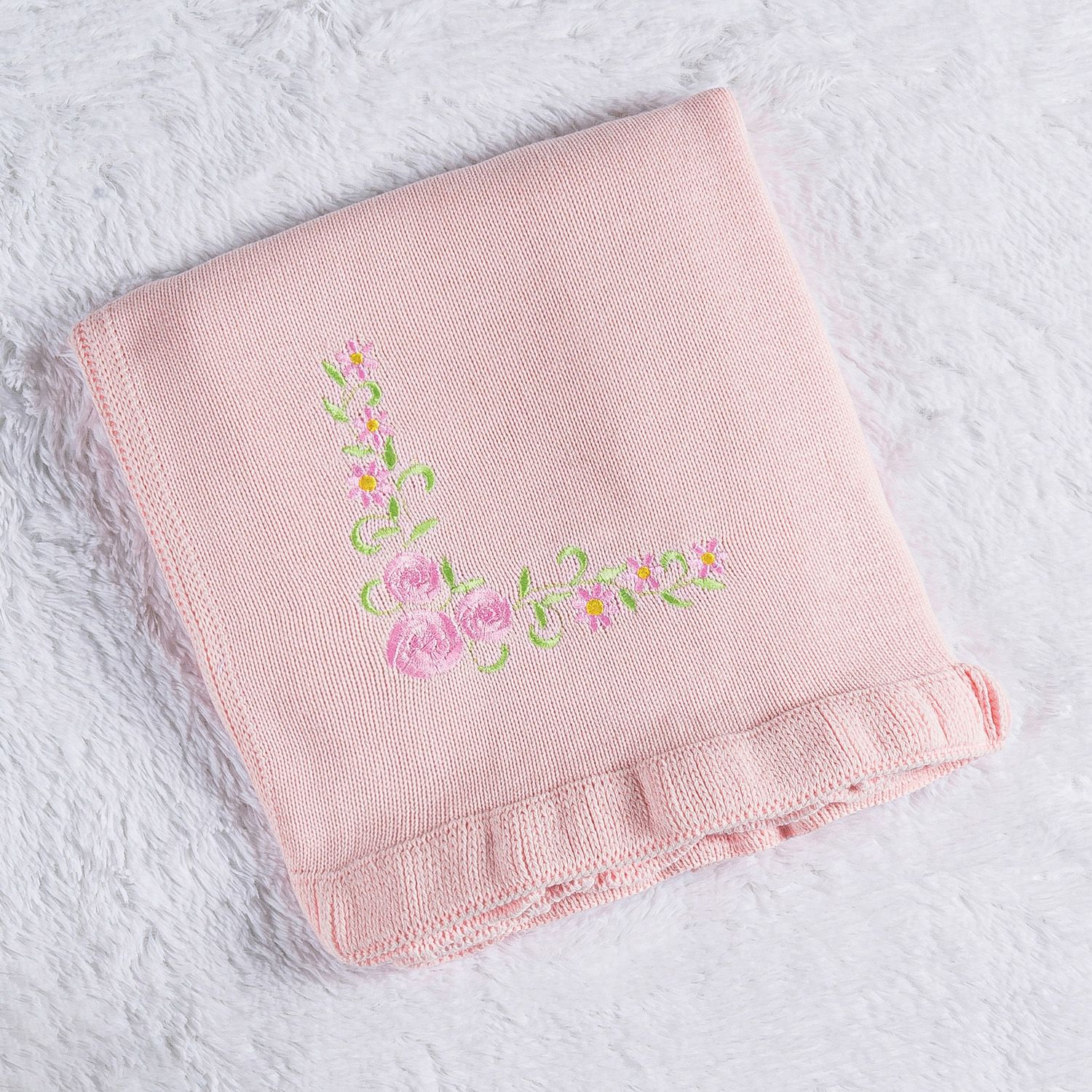 Manta Bebê Tricot Bordada Babado Azul 80cm