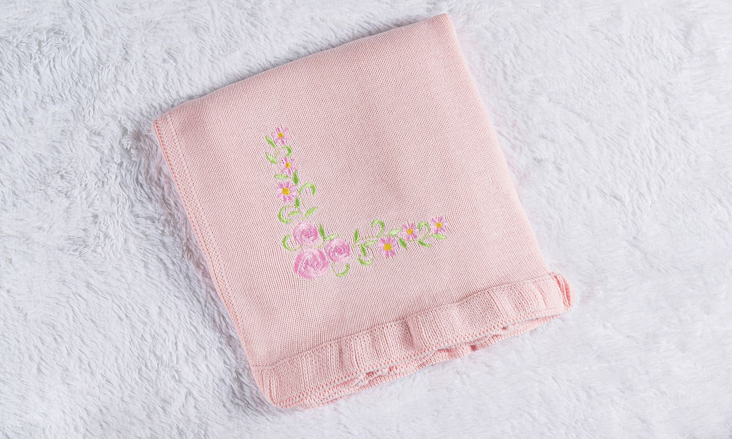 Manta Bebê Tricot Bordada Babado Azul 80cm