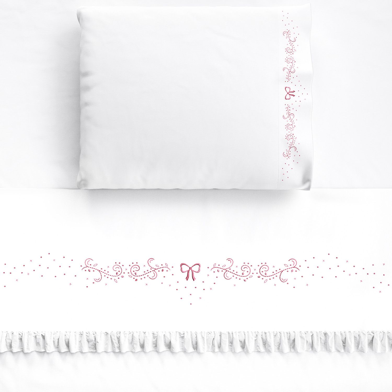 Jogo de Lençol Berço Bordado Arabesco Rosa 3 peças