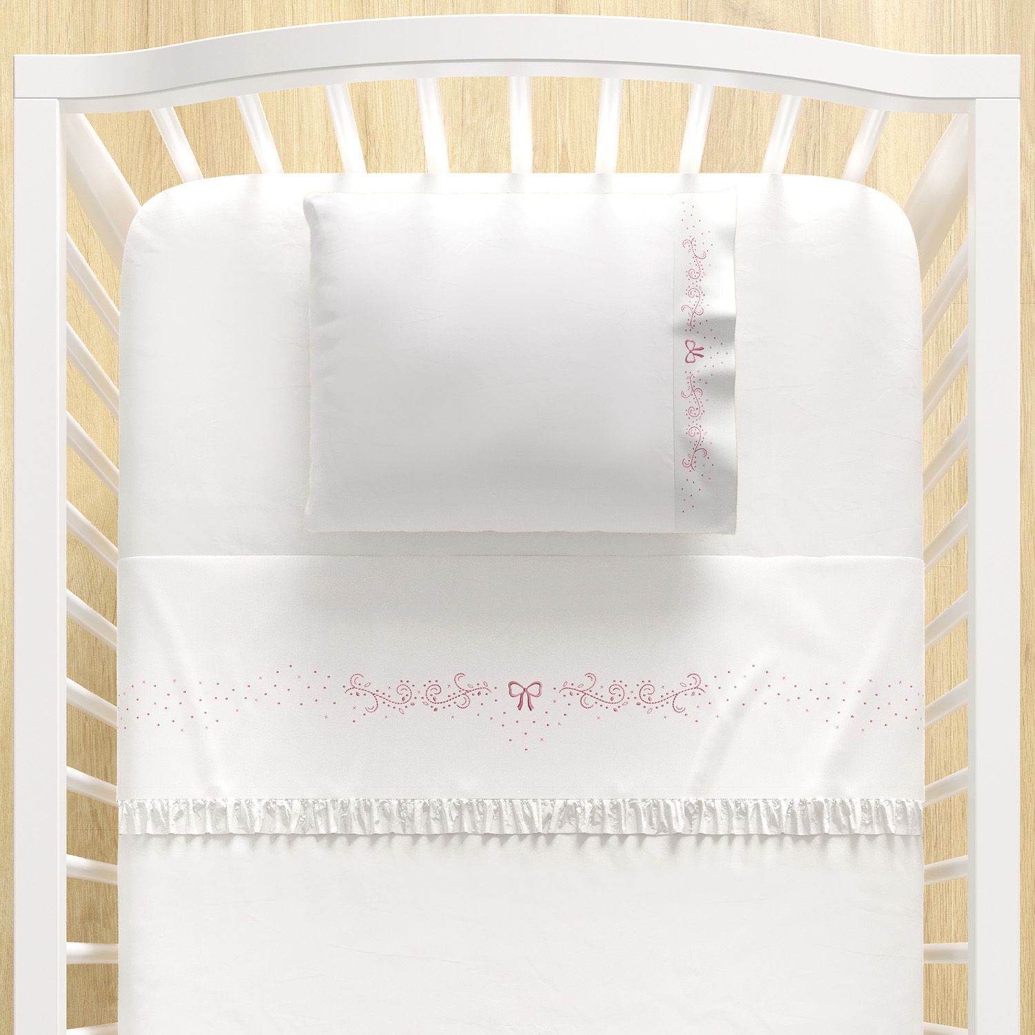 Jogo de Lençol Berço Bordado Arabesco Rosa 3 peças