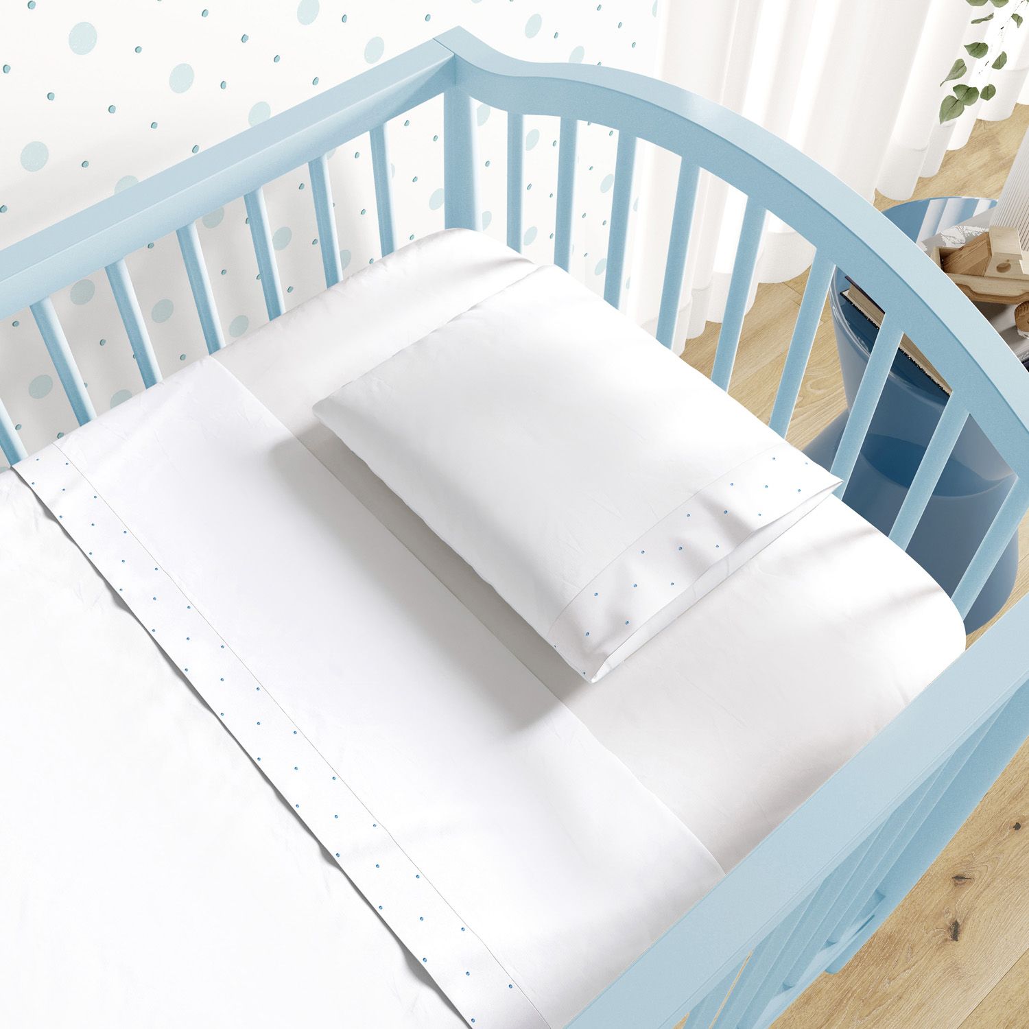 Jogo de Lençol Berço Bordado Poá Petit Azul 3 Peças