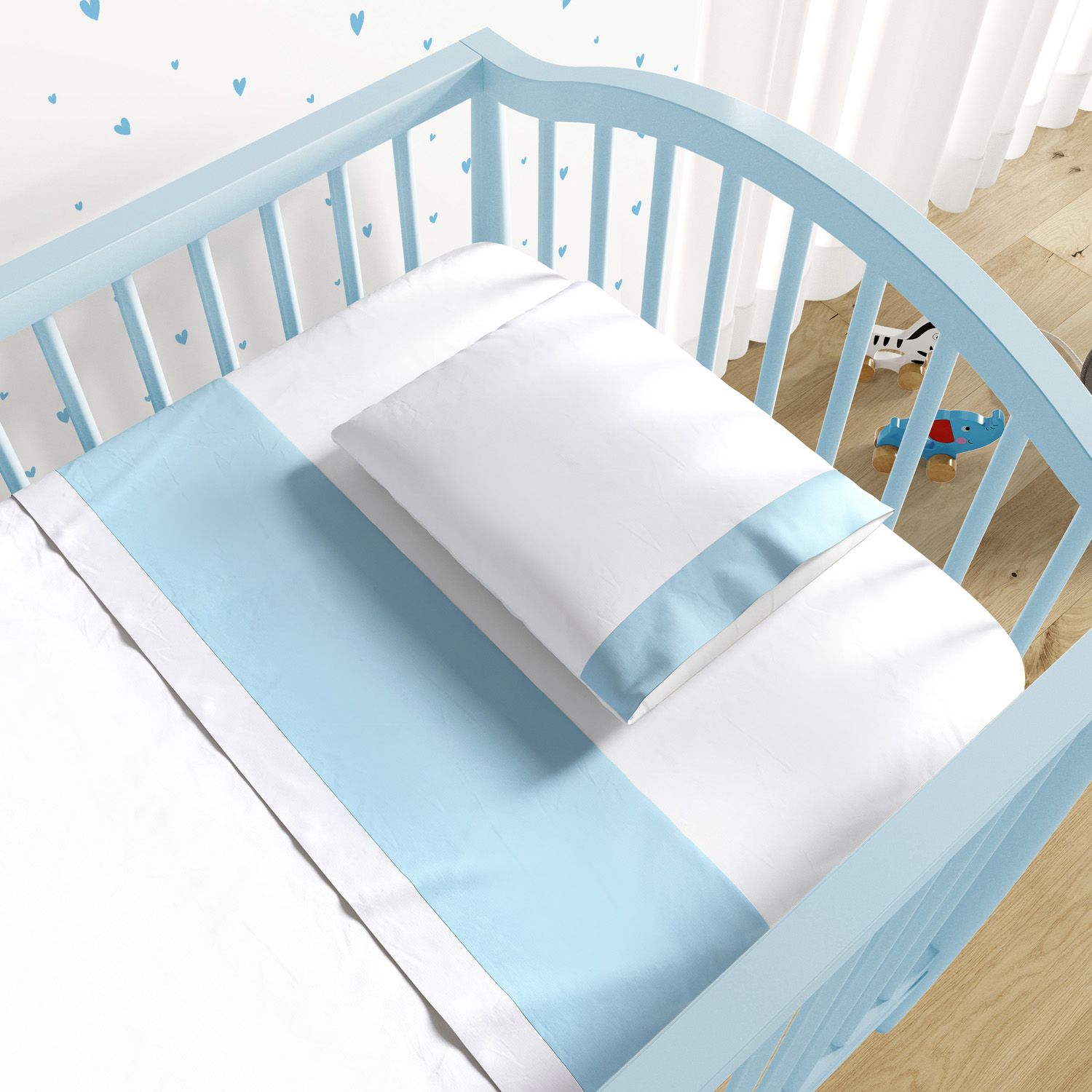 Jogo de Lençol Berço Azul e Branco 3 peças