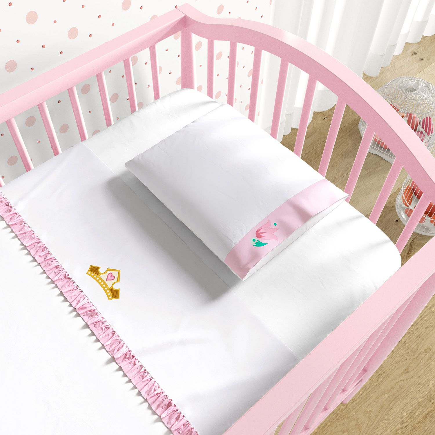 Jogo de Lençol Berço Bordado Coroa e Rosa 3 peças