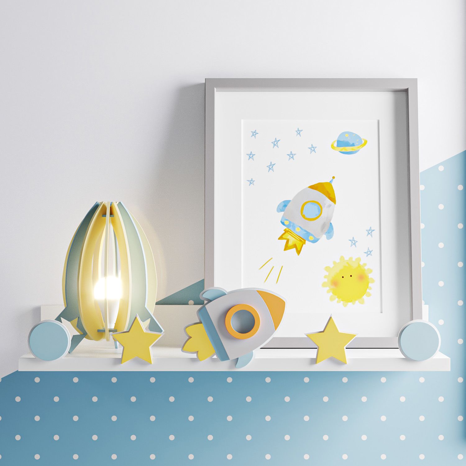 Prateleira MDF Foguete Patchwork Azul